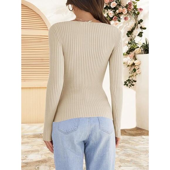 New XL Fitted, Ribbed, Square Neck, Long Sleeve Shirt in Apricot - Picture 4 of 6